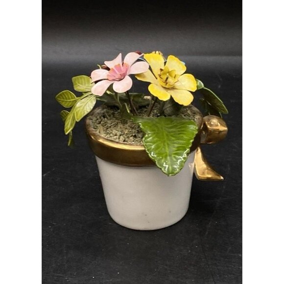 Ted Arnold Brass & Enamel Flower Bouquet Blue Pink Yellow White Porcelain Vase - Picture 6 of 12